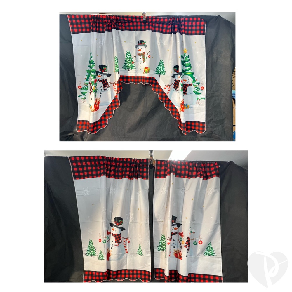 Festive Snowman Curtains with Red Plaid Trim